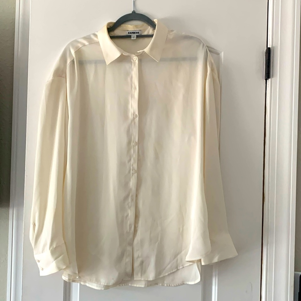 Cream oversized satin button down from express